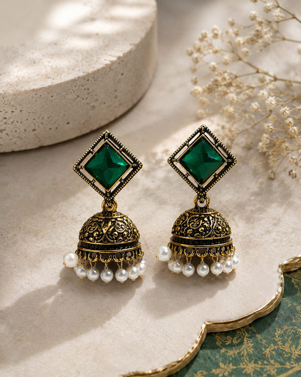 "Antique Square Maroon Pearl  Jhumka"