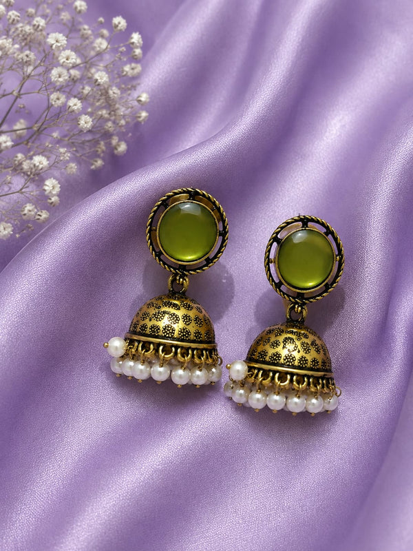 "Silver Round Lime Green  Jhumka"
