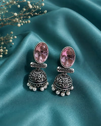 "Oxydized Pink Big Ovel Stone  Jhumka" Thumbnail 1