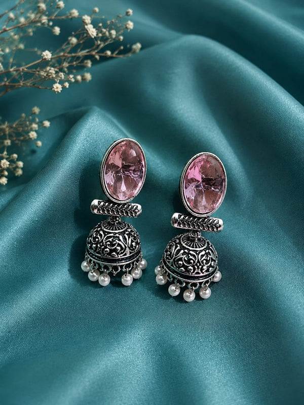 "Oxydized Pink Big Ovel Stone  Jhumka"