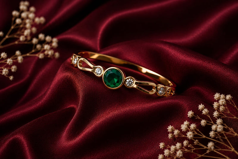 "Shadow Green Stone & Diamond Cuff Bangle Braclete"