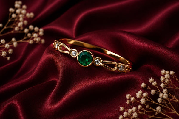 "Shadow Green Stone & Diamond Cuff Bangle Braclete"