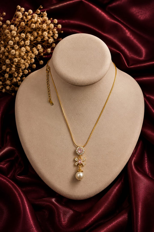 Pink Diamond Bow Pearl Drop Pendant