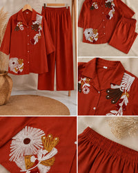 Rust Floral Embroidered Shirt & Wide-Leg Pants Thumbnail 2