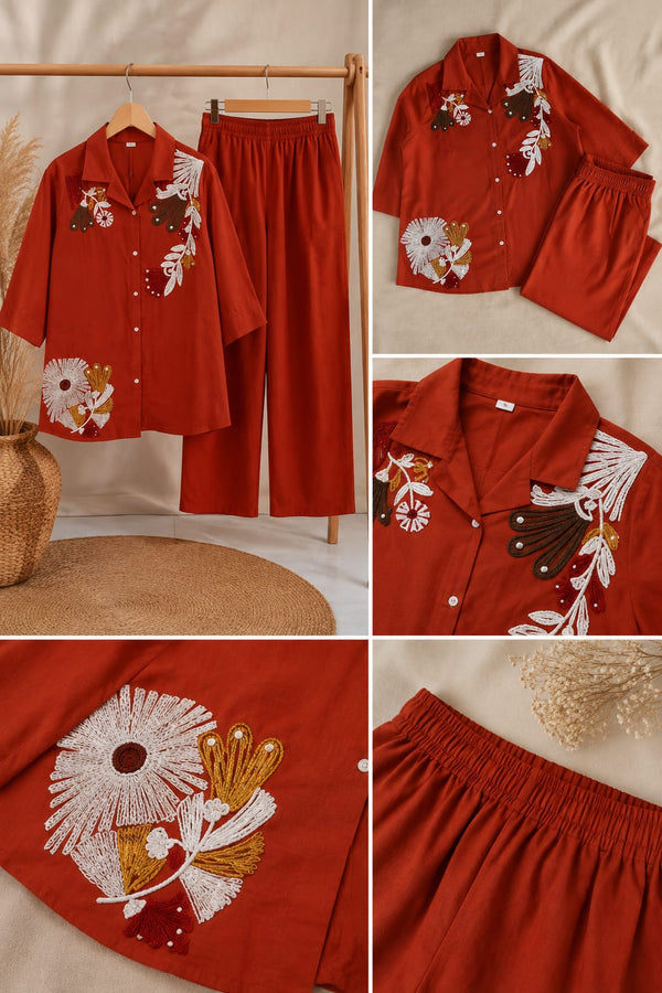 Rust Floral Embroidered Shirt & Wide-Leg Pants
