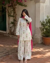 Pink Floral Printed 3-Piece Farshi Suit Thumbnail 1