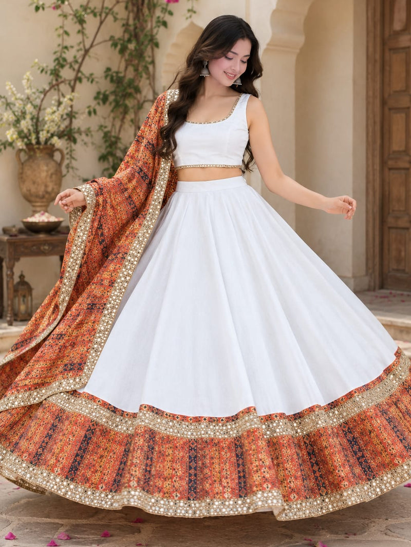 White - Printed Orange Colored Navratri Lehnga
