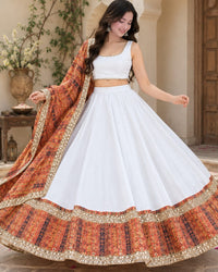 White - Printed Orange Colored Navratri Lehnga Thumbnail 1