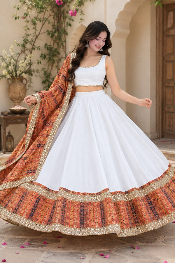 White - Printed Orange Colored Navratri Lehnga