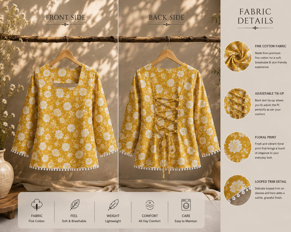 "Mustard Floral Back-Lace-Up  Cotton Top (Kaudi Lace)"