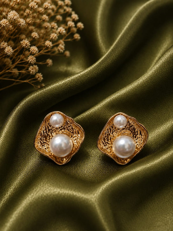 Shell Pearl Studs & "Gold Textured Square  Pearl Dome Studs"