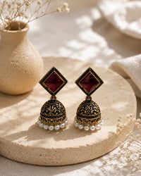 "Antique Square Maroon Pearl  Jhumka" Thumbnail 2