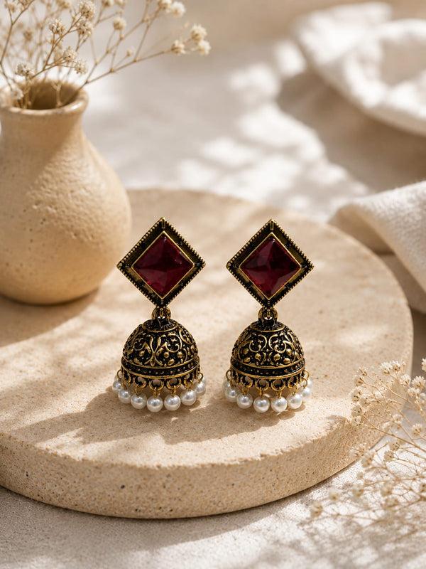 "Antique Square Maroon Pearl  Jhumka"