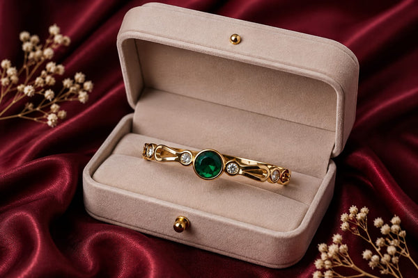 "Shadow Green Stone & Diamond Cuff Bangle Braclete"