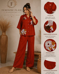 Rust Floral Embroidered Shirt & Wide-Leg Pants Thumbnail 1