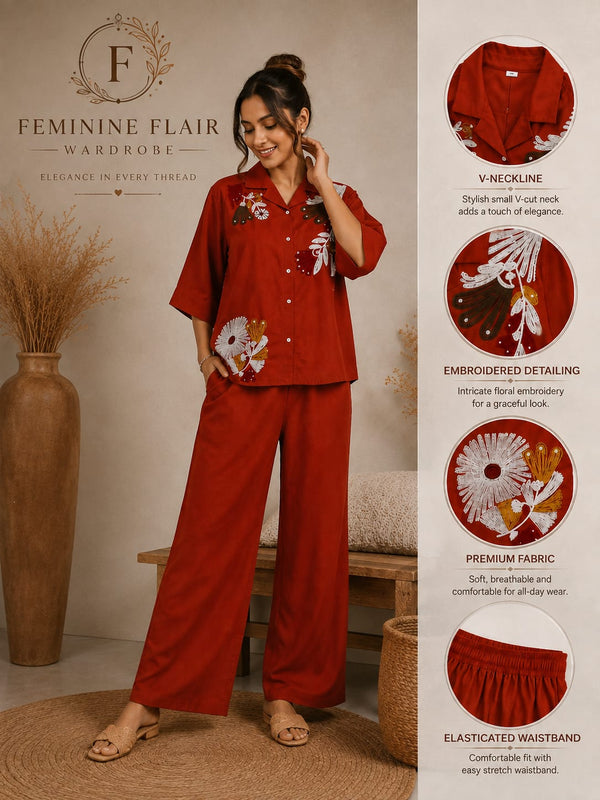 Rust Floral Embroidered Shirt & Wide-Leg Pants