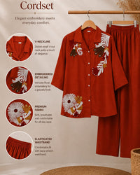 Rust Floral Embroidered Shirt & Wide-Leg Pants Thumbnail 3