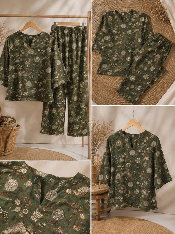 Olive Green Floral Printed