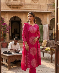 Olive Green & Megnta Pink Bandhani Printed Kurta Set  with Dupatta Thumbnail 2
