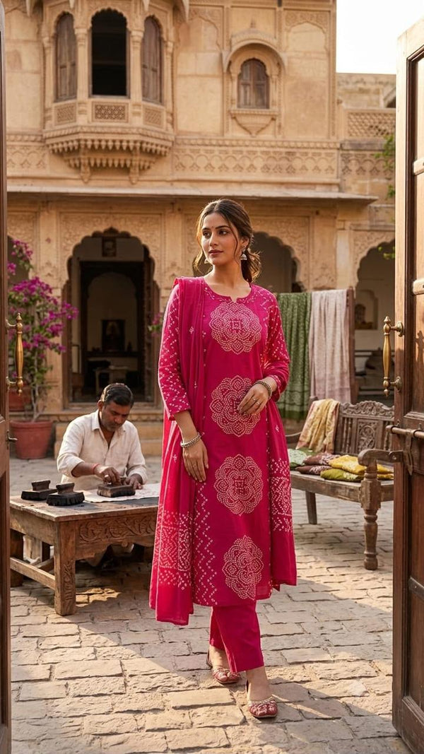 Olive Green & Megnta Pink Bandhani Printed Kurta Set  with Dupatta
