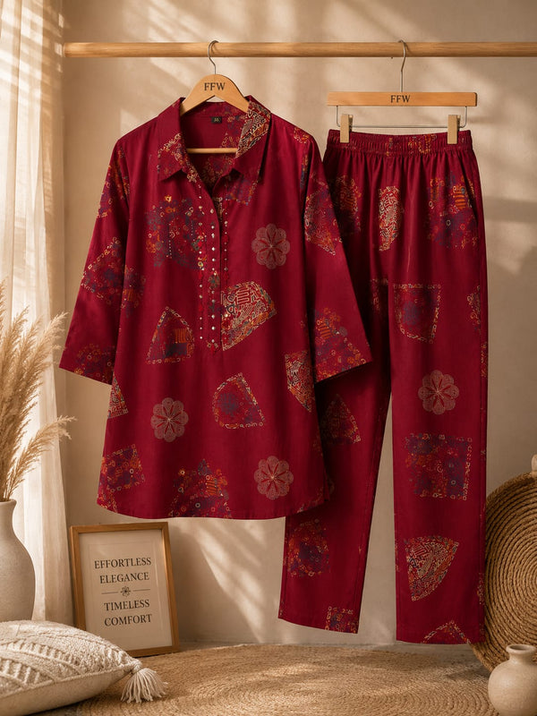 Maroon Printed Kurta Pant Co-ord Set