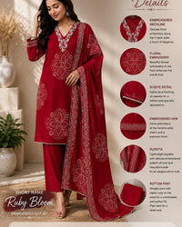 "Mustard Yellow & Red Floral Printed Cotton 3-Piece  Suit Set" Thumbnail 2