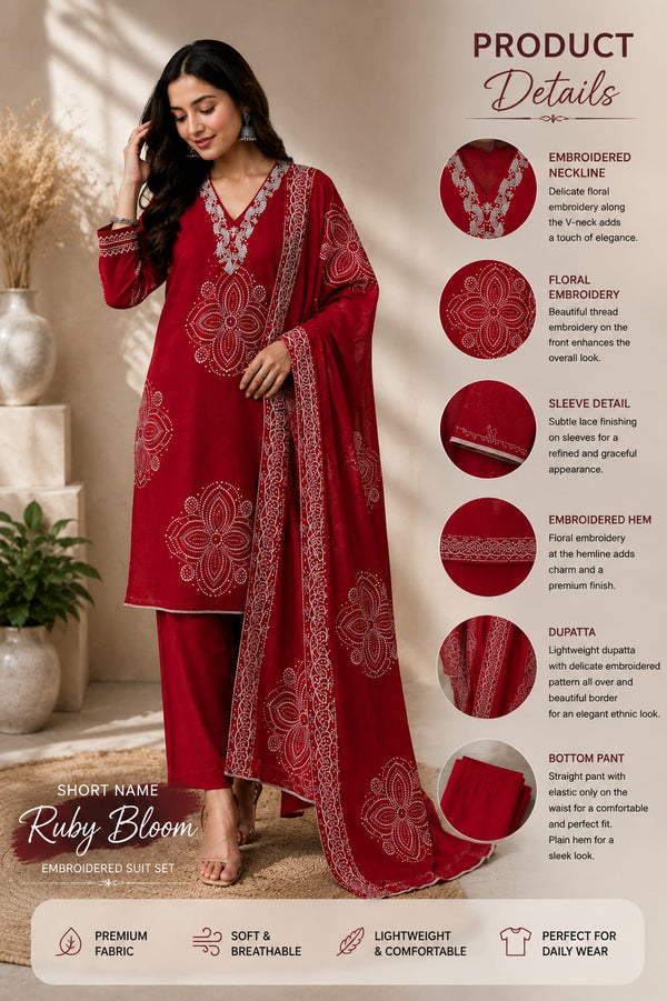 "Mustard Yellow & Red Floral Printed Cotton 3-Piece  Suit Set"