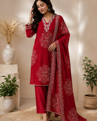 "Mustard Yellow & Red Floral Printed Cotton 3-Piece  Suit Set" Thumbnail 4