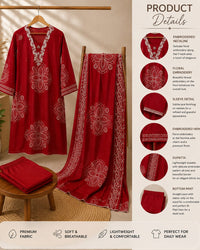 "Mustard Yellow & Red Floral Printed Cotton 3-Piece  Suit Set" Thumbnail 3