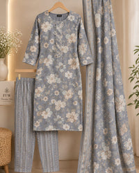 Grey Floral Printed 3-Piece Suit Set Thumbnail 2