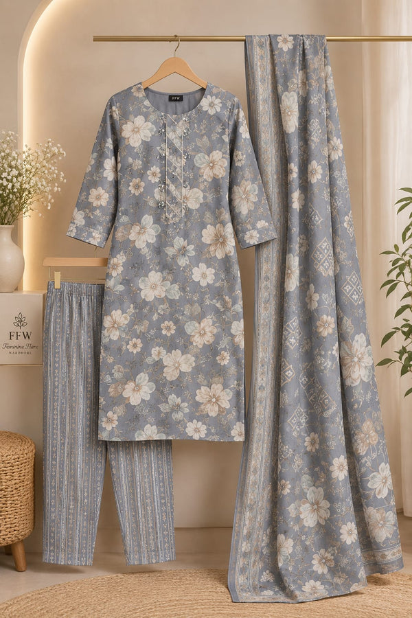 Grey Floral Printed 3-Piece Suit Set