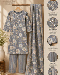 Grey Floral Printed 3-Piece Suit Set Thumbnail 3
