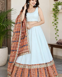 White - Printed Orange Colored Navratri Lehnga Thumbnail 3
