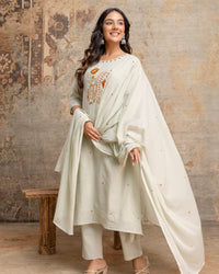 Pista Green & Creamy Ivory White Embroidred Three Piece Kurti Set Thumbnail 2