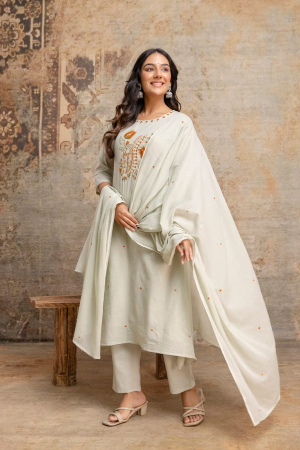Pista Green & Creamy Ivory White Embroidred Three Piece Kurti Set