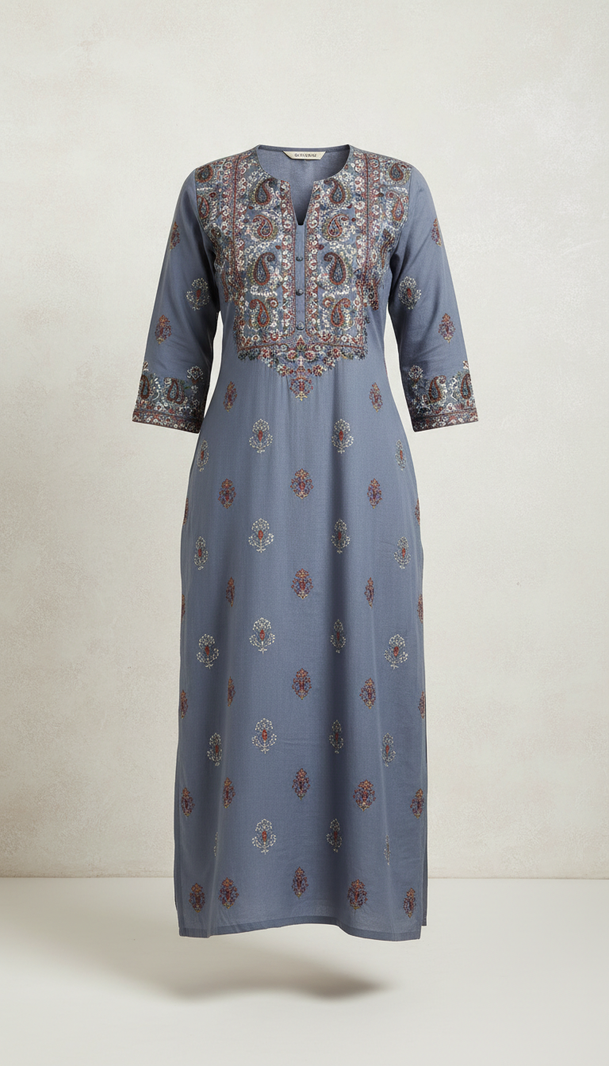 Indigo Mist Embroidered Rayon Kurti