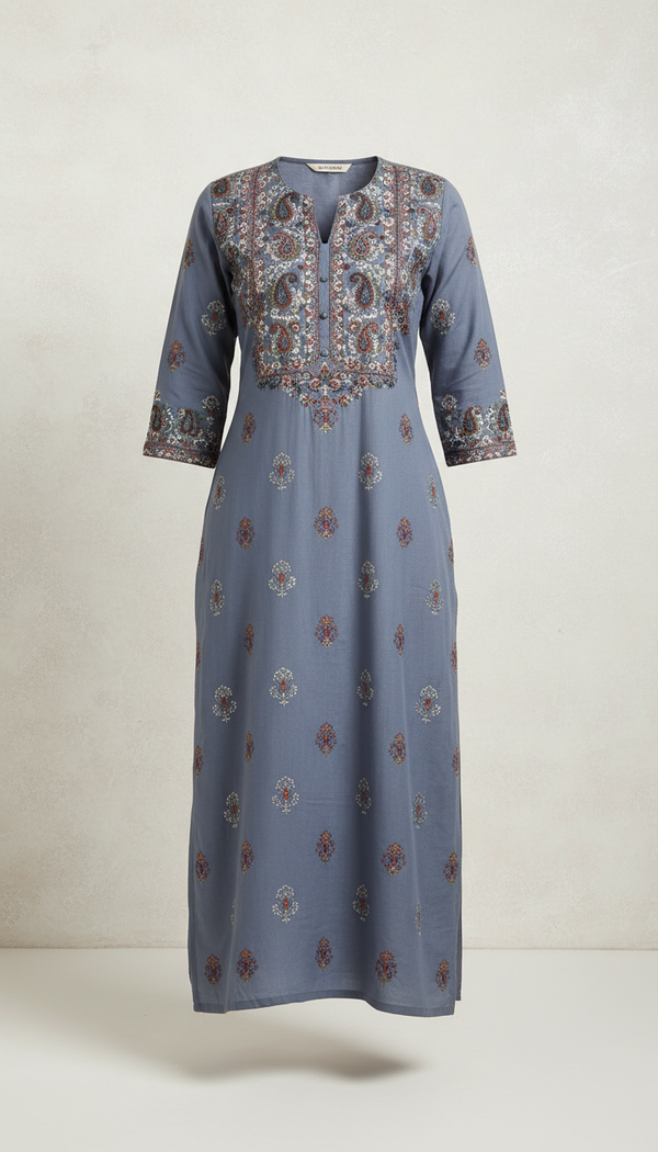 Indigo Mist Embroidered Rayon Kurti