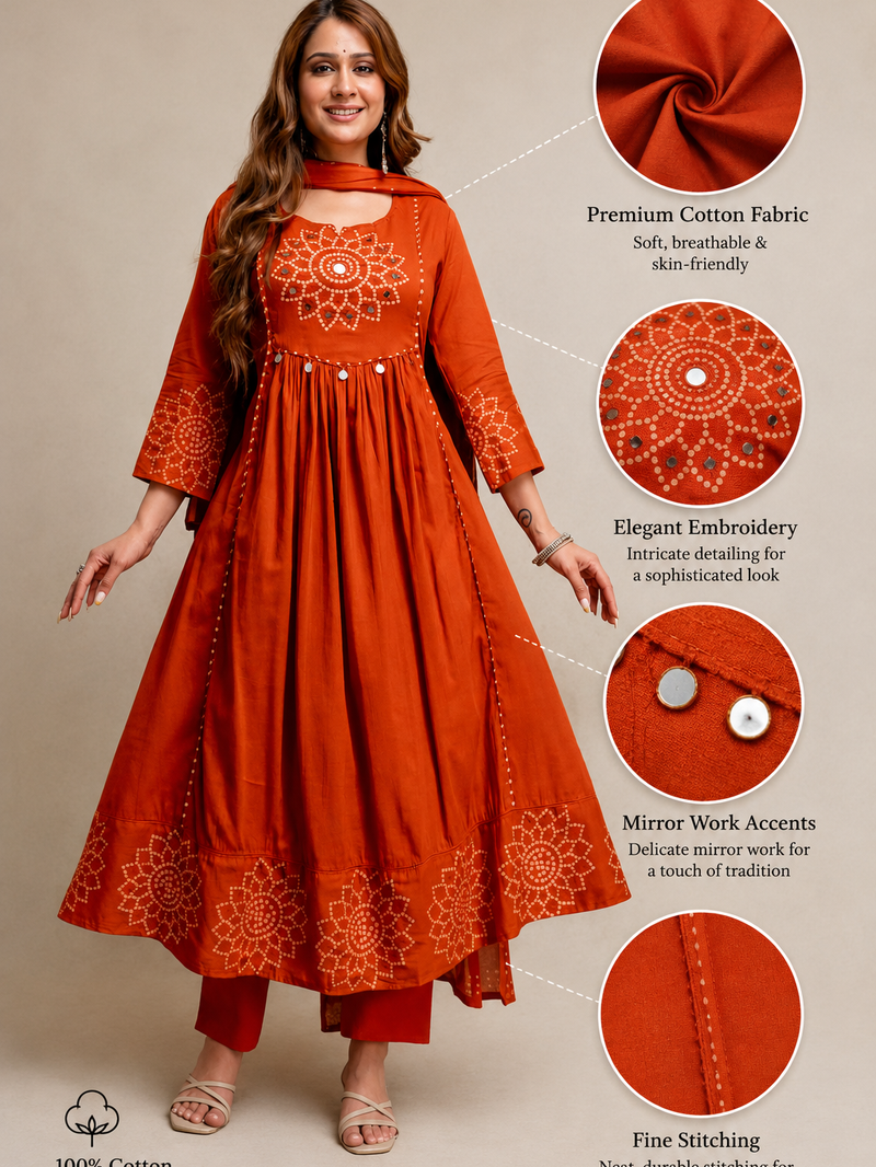 "Rust Orange Printed Anarkali  Set"