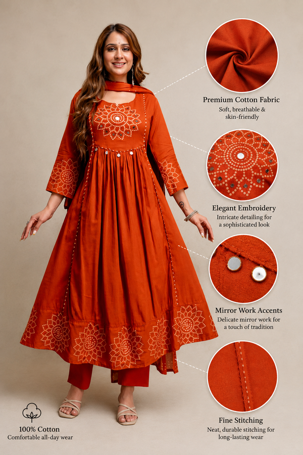 "Rust Orange Printed Anarkali  Set"