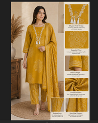 "Mustard Yellow & Red Floral Printed Cotton 3-Piece  Suit Set" Thumbnail 1