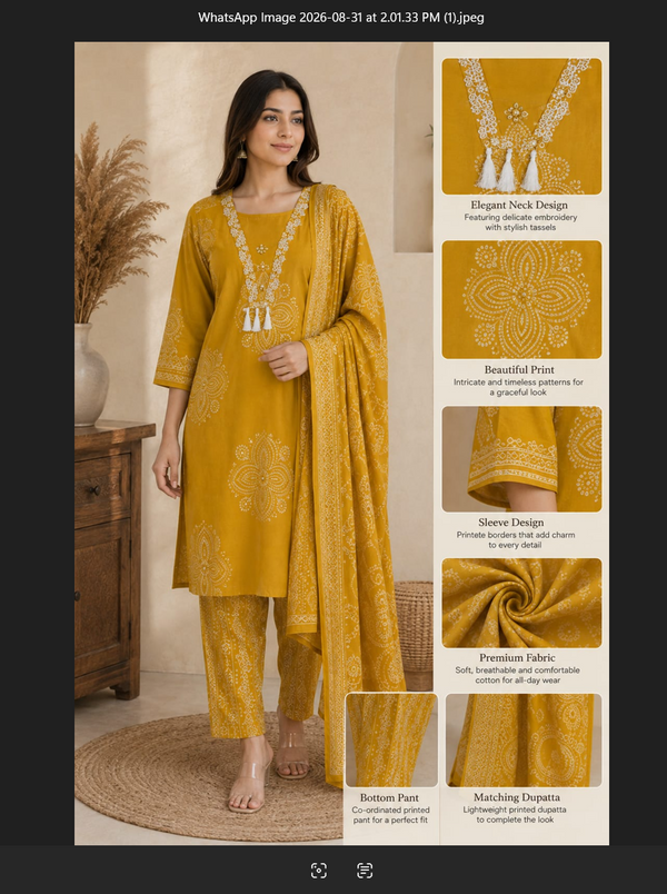 "Mustard Yellow & Red Floral Printed Cotton 3-Piece  Suit Set"