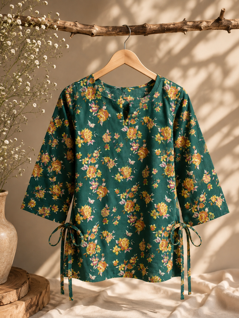Emerald green floral side- tie cotton top