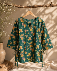 Emerald green floral side- tie cotton top Thumbnail 1