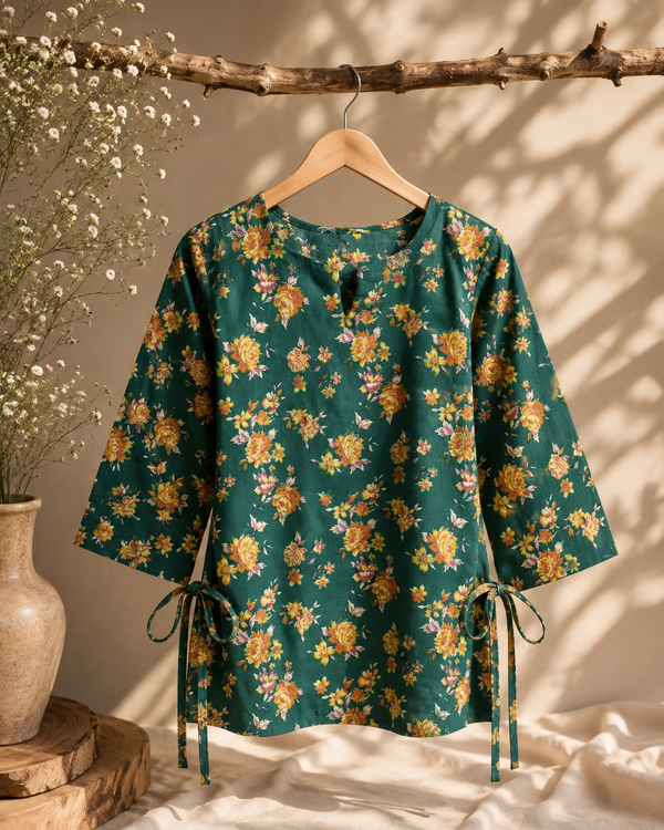 Emerald green floral side- tie cotton top