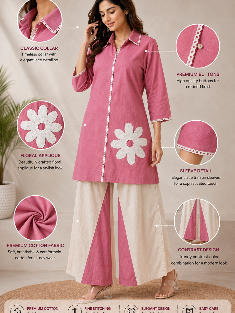 Balck & Pink Collor with White Embroidrery Floral
Contrast Plazo Set