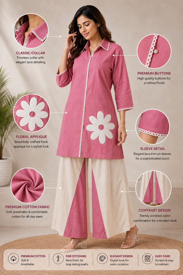 Balck & Pink Collor with White Embroidrery Floral
Contrast Plazo Set