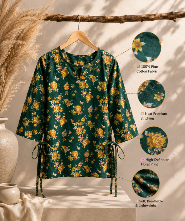 Emerald green floral side- tie cotton top