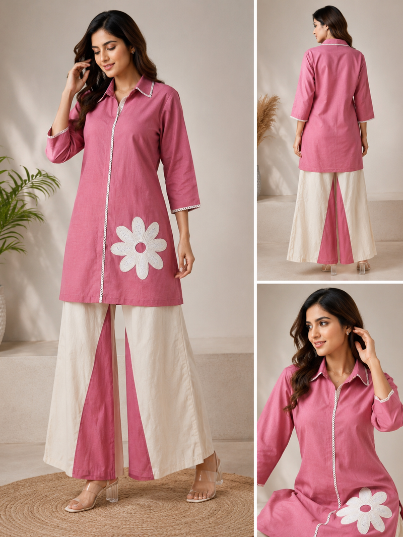 Balck & Pink Collor with White Embroidrery Floral
Contrast Plazo Set