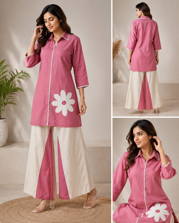 Balck & Pink Collor with White Embroidrery Floral
Contrast Plazo Set